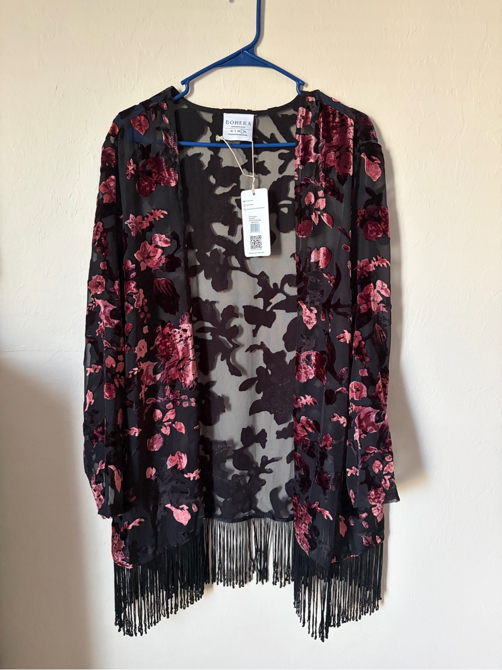 NWT Velvet Floral Fringe Open Cardigan - Black with Berry Floral